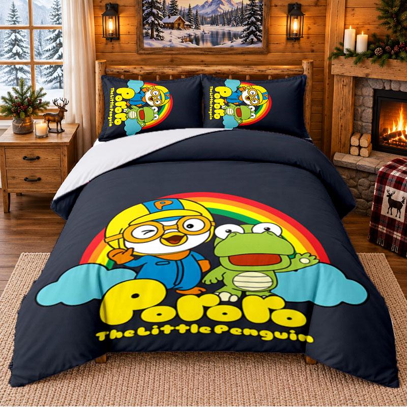 Pororo Pattern Bedding 3Pcs Set Bed Sheet And Pillowcases For Indoor Bedroom