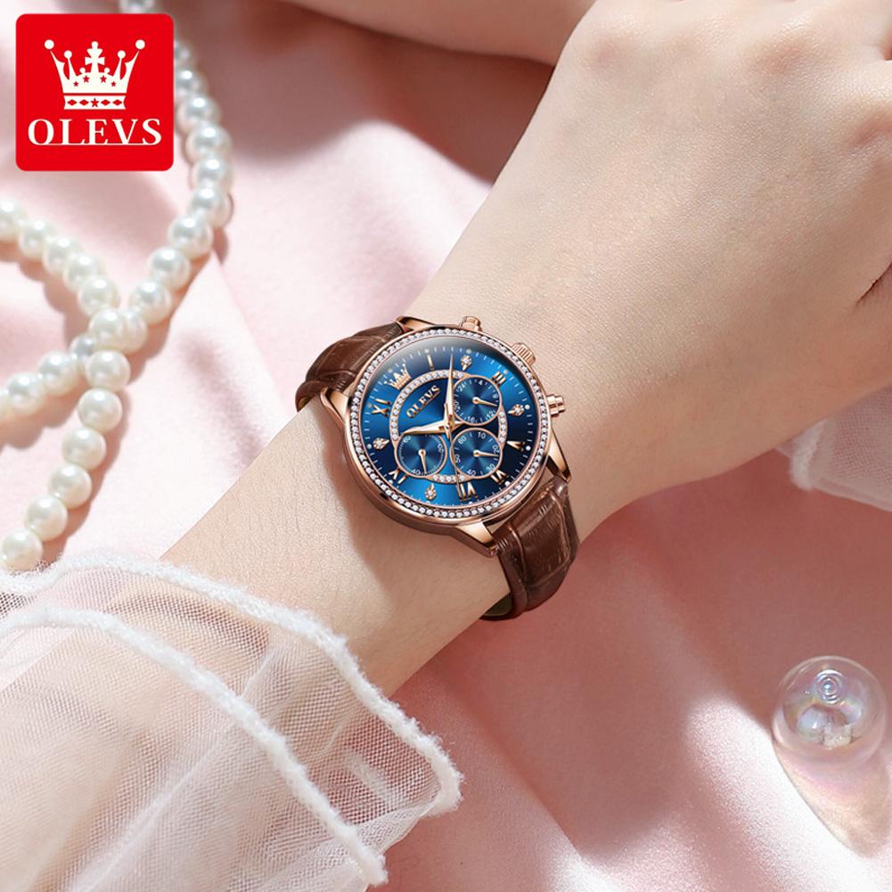 Women's Watches Fashion Elegant Diamond Bezel Watch for Ladies Soft Leather Strap Waterproof Luminous Chronograph