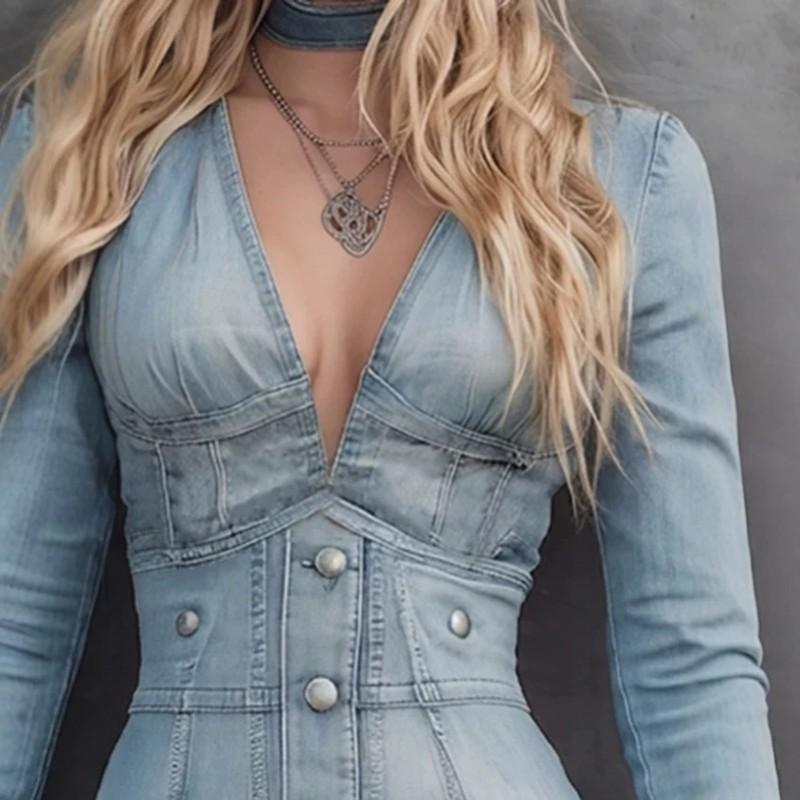 Womens Fashion Casual V-Neck Denim Mini Dress Slim Fit Daily Wear