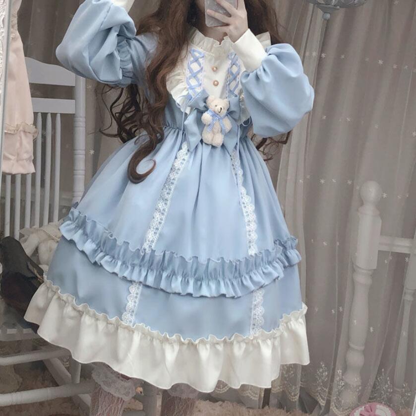 Японское готическое платье Лолиты, женское кавайное кружевное синее платье с бантом и медведем, платье принцессы с длинными рукавами, костюм на Хэллоуин, подарок для девочек