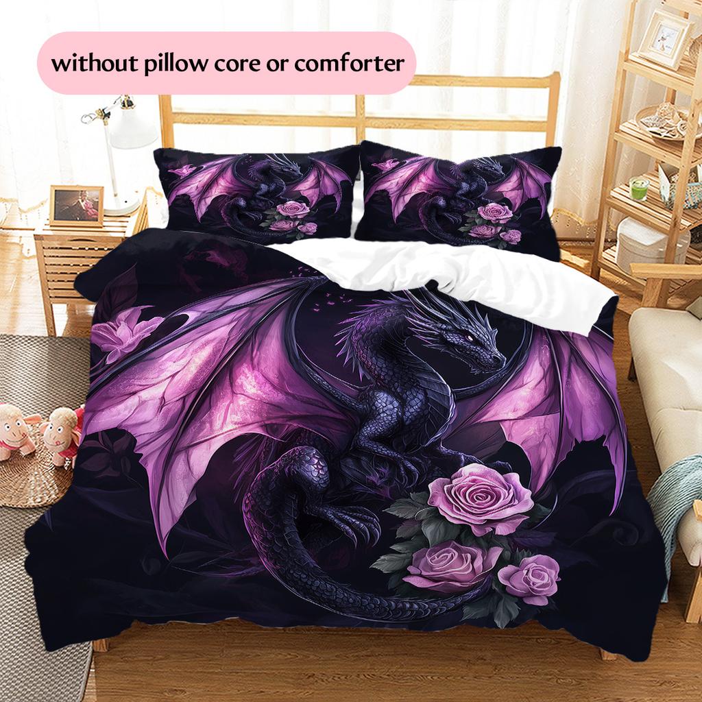 Purple dragon Pattern Bedding Quilt Set Quilt Cover Pillowcase Home Decoration Gift (1 * duvet cover + 2 * pillowcase, without core)