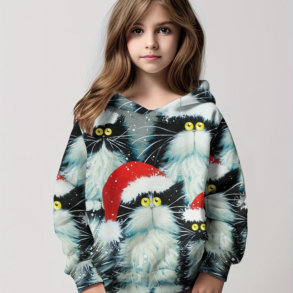 Детская одежда Толстовки с капюшоном для девочек с длинным рукавом с рисунком в виде 3D-рождественского принта Детская одежда на весну и осень Повседневная милая уличная одежда для девочек