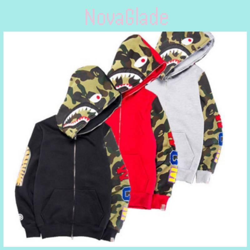 Модный мужской и женский худи на молнии с камуфляжным принтом "Акула" из комфортной смесовой хлопковой ткани