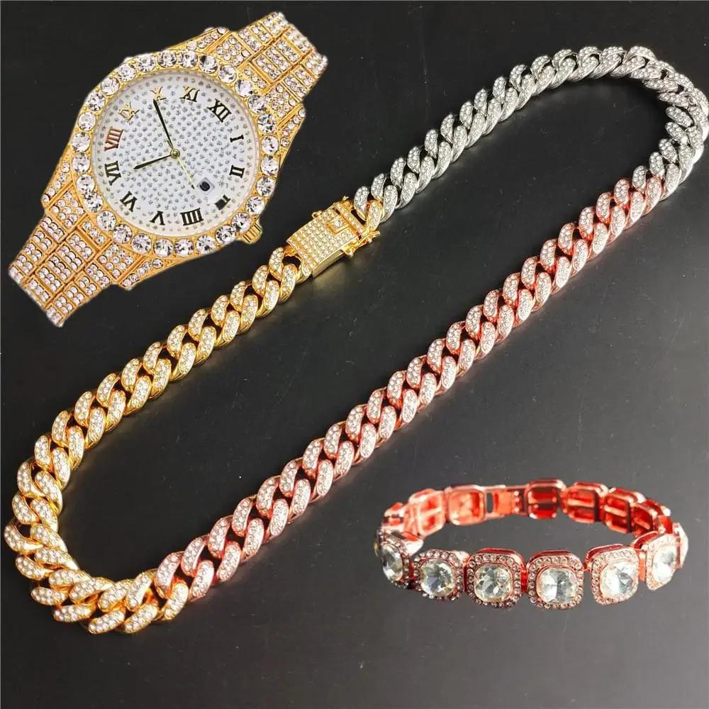 12mm Tennis Necklace +baguette Watch+bracelet Combo Sets Hip Hop Chain Iced Out Bling Paved Rhinestones For Men Women Jewelry