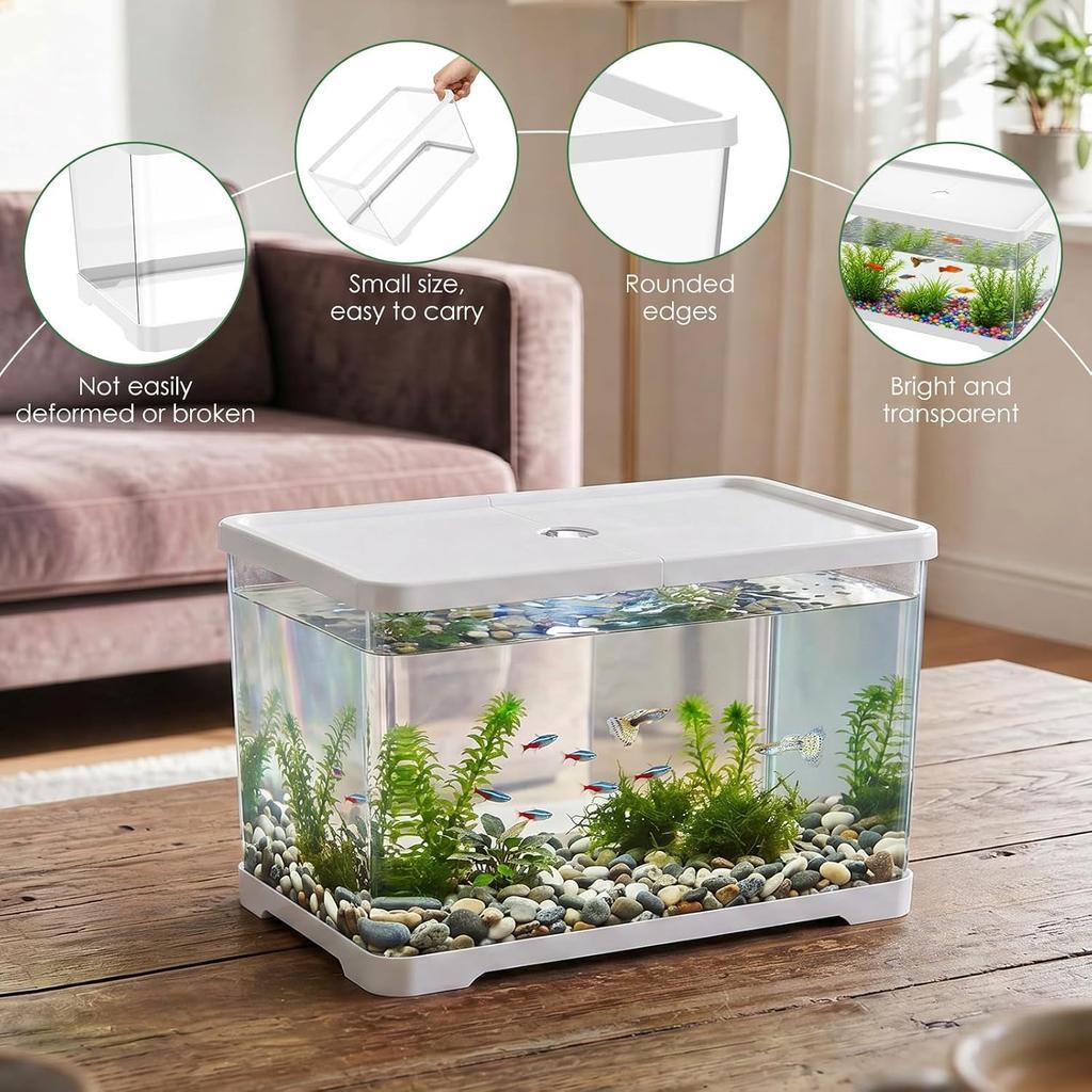 2 Gallon Plastic Fish Tank with Drain Hole - 30x19x17cm Shatterproof Small Rectangular Aquarium for Betta Fish & Guppies - Clear Desktop Terrarium