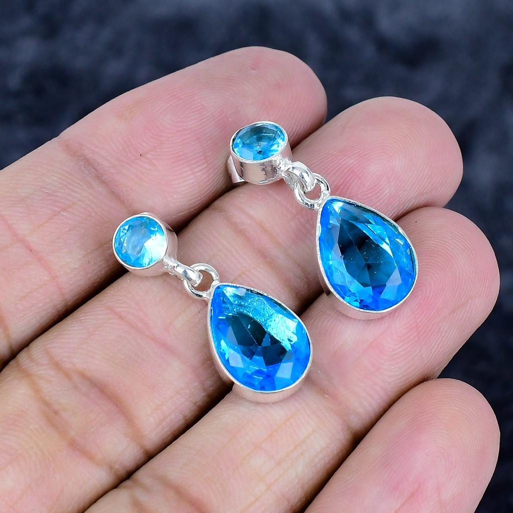 Swiss Blue Topaz Gemstone 925 Sterling Silver Jewelry Earring 1.10" MM-3484