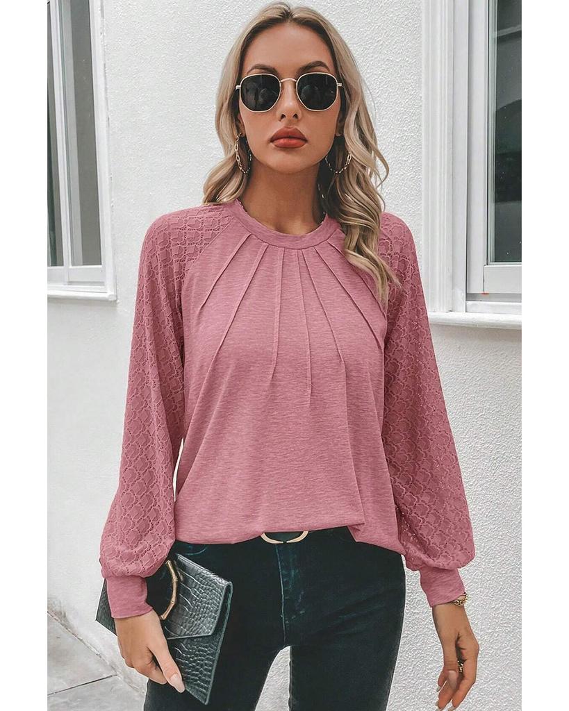 Azura Exchange Rose Pink Contrast Lace Raglan Sleeve Plicate Round Neck Top