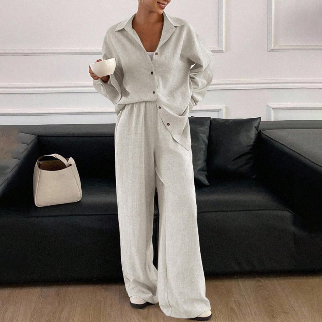Женский повседневный костюм свободного кроя, хлопковая и льняная рубашка с длинным рукавом, брюки, комплект из двух предметов