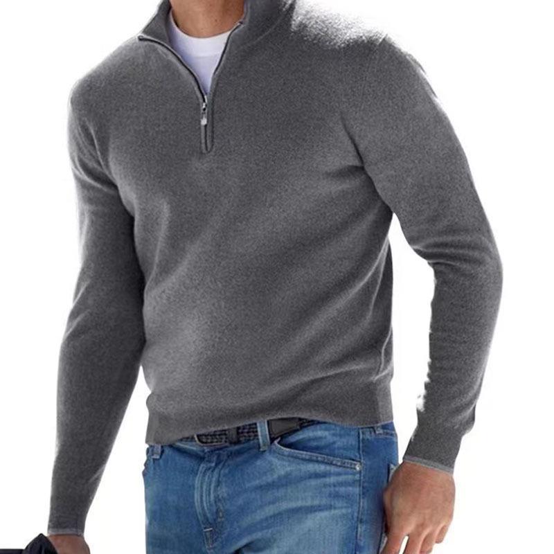Men's Autumn Long Sleeve V-Neck Wool Polo Shirt with Plush Zipper