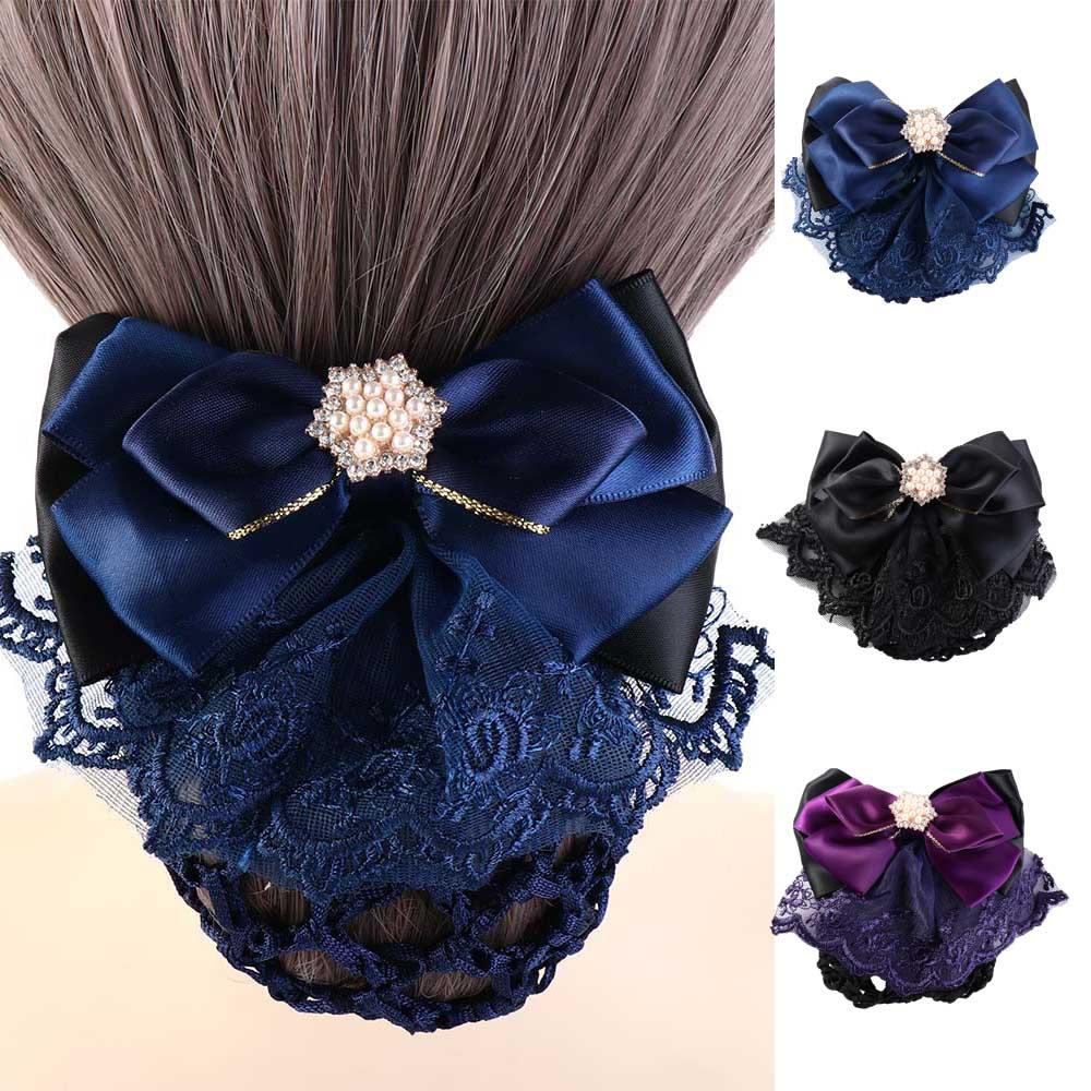 Pearl Bowknot Spring Clip Ribbon Hair Net Cover Elegant Bun Snood  Bank