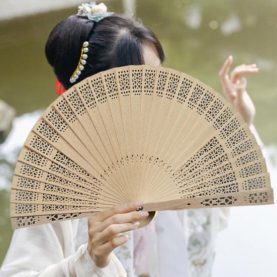 Wooden Folding Fan Chinese Style Hollow Ribs Portable Summer Hand Held Fan Decoration