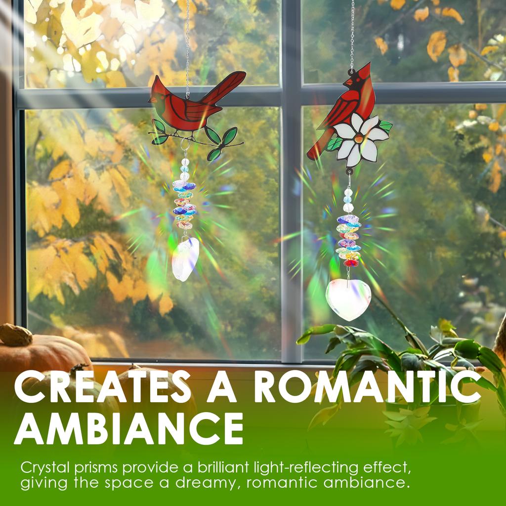 2Pcs Red Bird Suncatcher Sun Catcher Ornament Crystal Glass Heart Pendant Exquisite Window Decor Suncatcher Present for Home