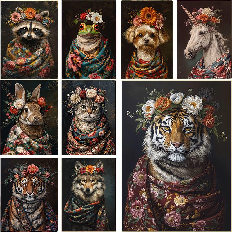 Retro Animals Posters Lion Wolf Rabbit Cat Dog Turtle with Flowers Print Canvas Painting Wall Art Picture Home Room Decor Mural