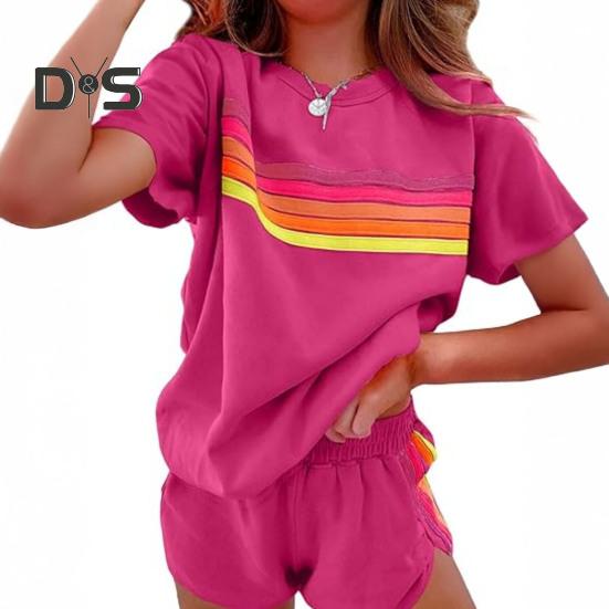 Женский комплект из 2 предметов: футболка с коротким рукавом и круглым вырезом, эластичная резинка на талии, широкие шорты, комплект в стиле пэчворк, уличный стиль