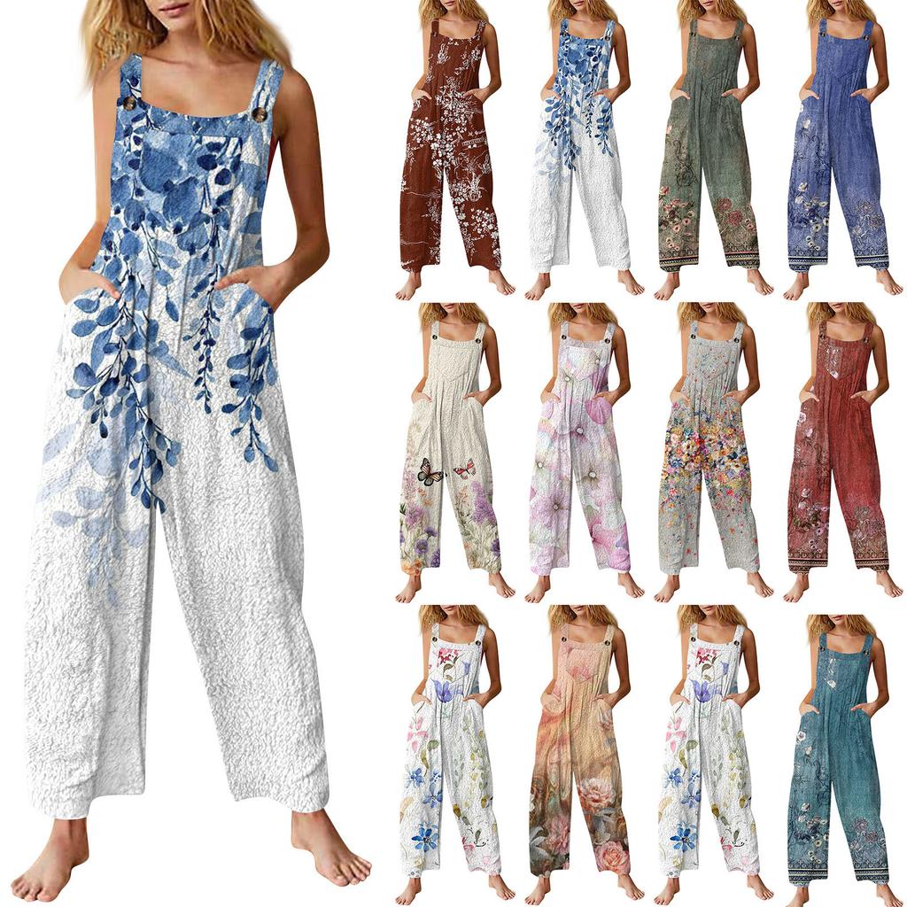 Women's Fashion Flannel Printed Casual Vintage Sleeveless Button Jumpsuit