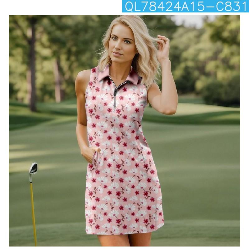 Womens Summer Floral Print Sleeveless Zipper Collar Golf Skort Sporty Casual Outfit