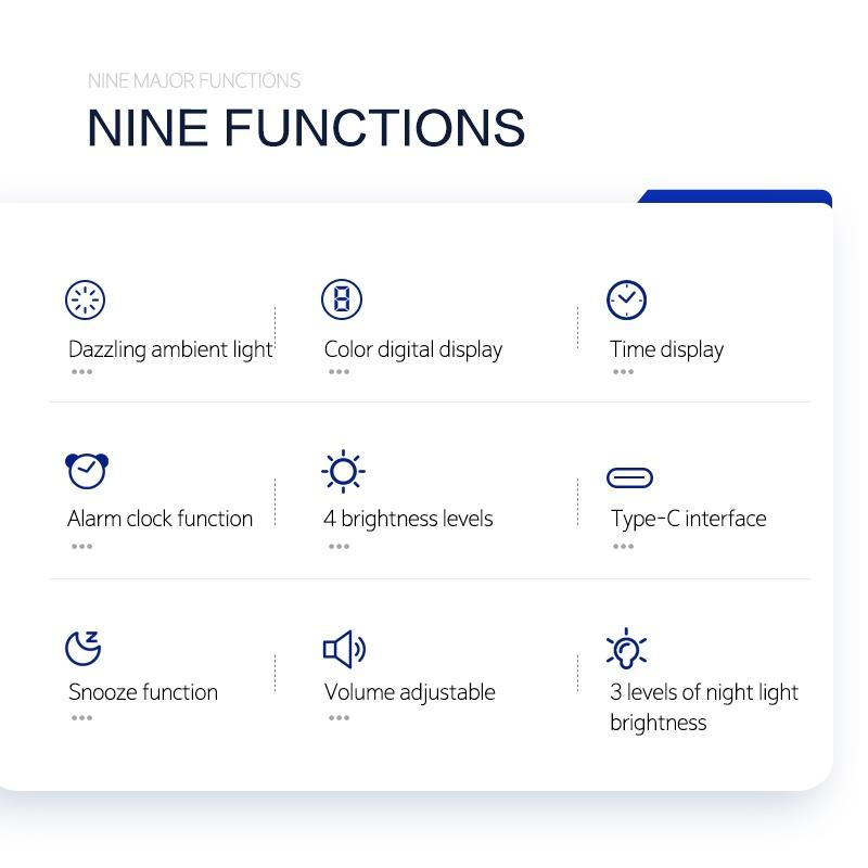 Цифровой будильник RGB с подсветкой RGB Mood Lighting, 2 будильника, ночной режим, неограниченный повтор сигнала, настольные часы, выход 12/24 ч, зарядка через USB Type-C, светодиодные часы