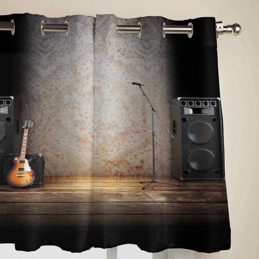 2 панели cortinas Музыка Сцена Динамик Гитара Окна Шторы Гостиная Спальня Оконные украшения Бытовая Кухня Шторы