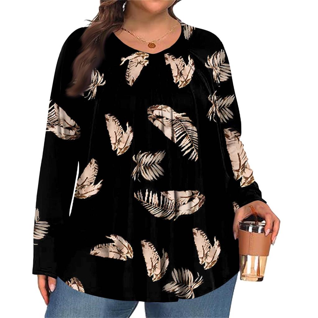 Women's Plus Size Fashion Printed Casual Pleated Round Neck Long Sleeve Top