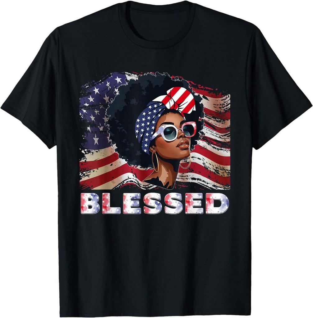 4th of July Black African American Blessed Woman Afro T-Shirt