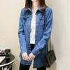 Classic Solid Long Sleeve Mid-length Denim Jacket For Women Rip Curl Cuff Blue Slim Blouse Office Work Lady Spring Jean Coat