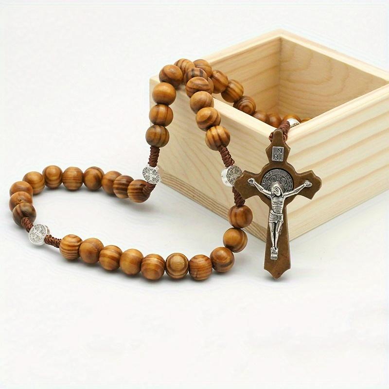 Christ Jesus Wooden Beads Rosary Bead Cross Pendant Woven Rope Chain Necklace Religious Orthodox Praying Jewelry