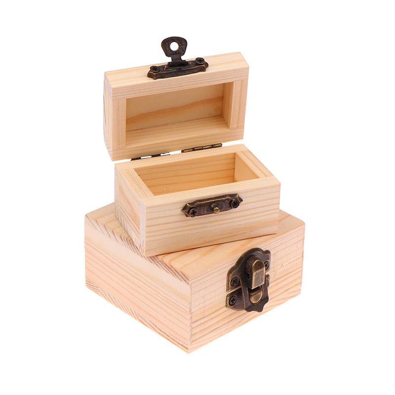 Simple Unfinished Log Color Wooden Watch Box DIY Pine Wood Treasure Chest With Locking Clasp Hinged Lid Jewelry Storage Box