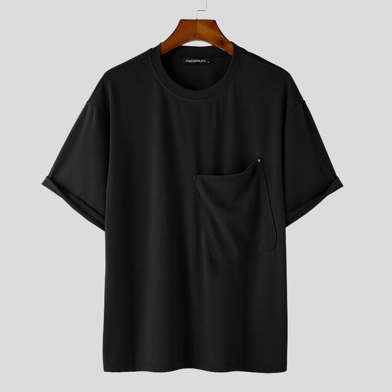 INCERUN Мужская дизайнерская простая однотонная футболка с короткими рукавами и большим карманом