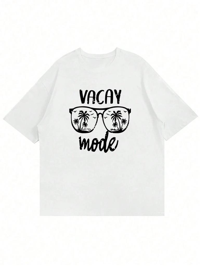Unisex's Casual Letter & Glasses Graphic Round Neck Short Sleeve T-Shirt, Summer