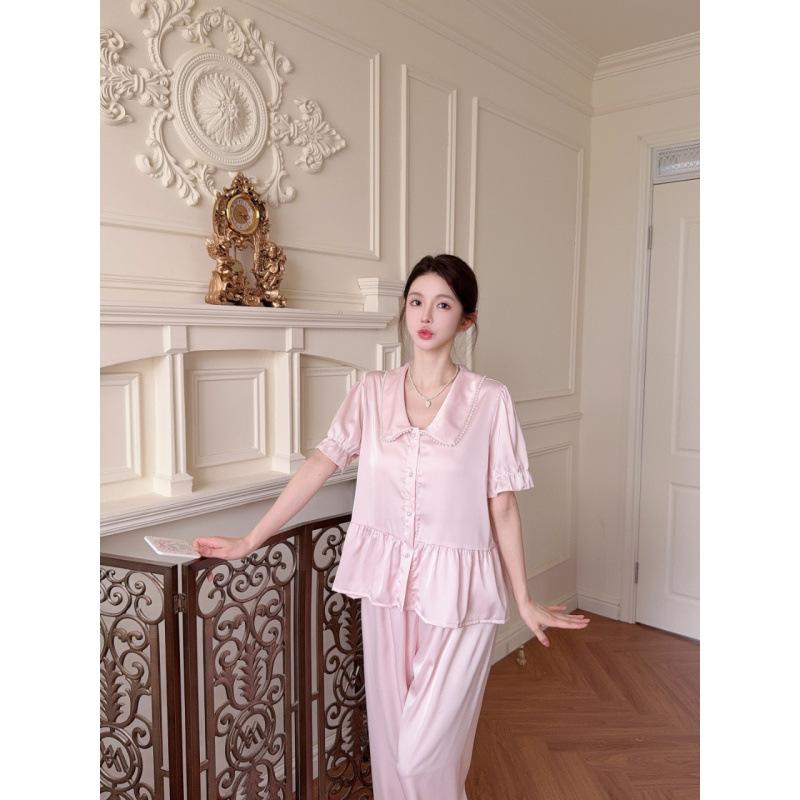 Spring and summer new pajamas women's pearl lotus leaf edge doll collar three-piece set sweet and cute wind thin loungewear set