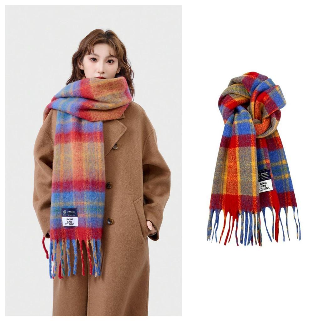 Cozy Plaid Wool-Blend Scarf: Warm, Furry, and Trendy Shawl for Autumn and Winter