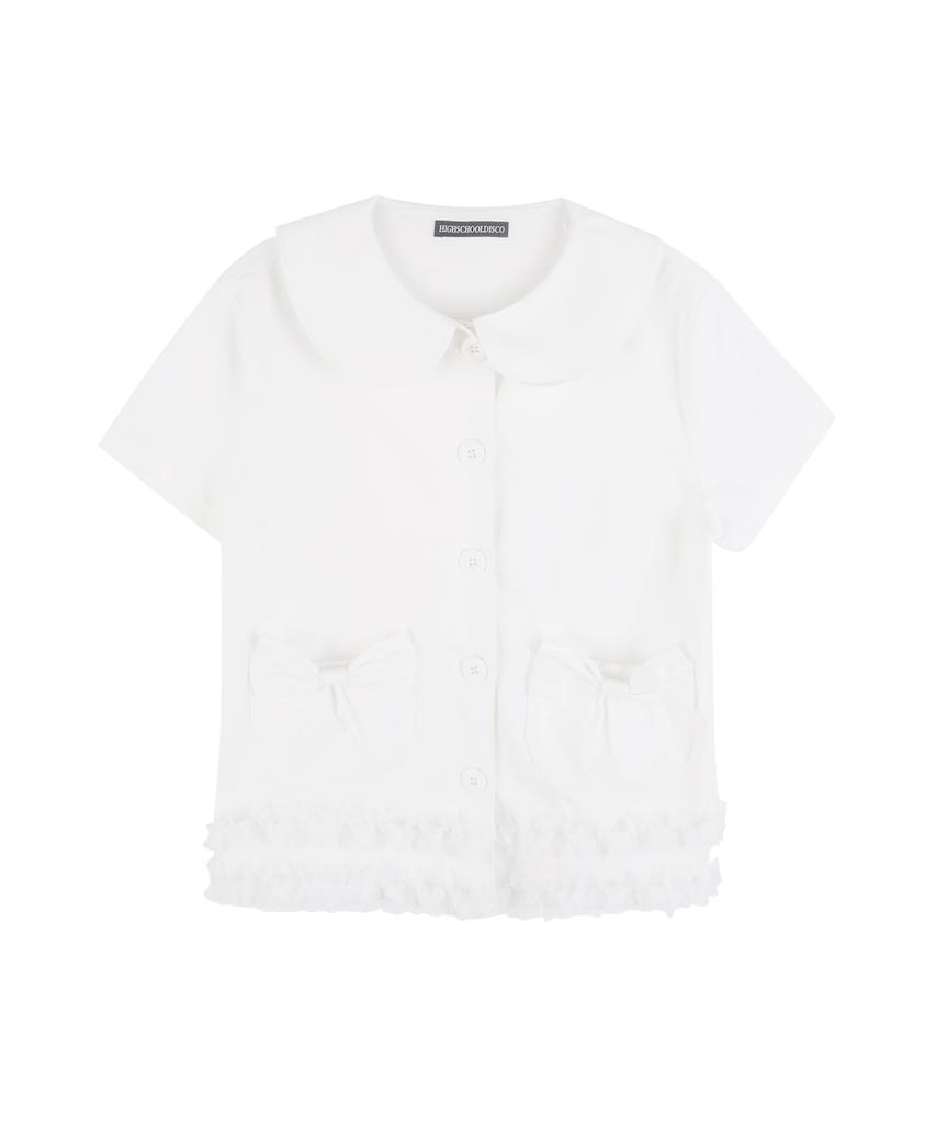 HIGH SCHOOL DISCO Round Collar Ribbon Pocket Blouse_White