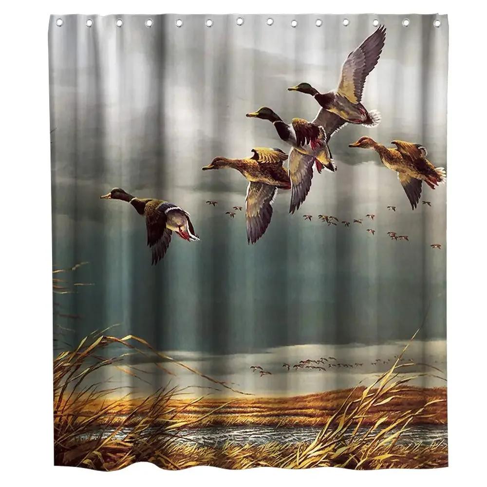 Duck Shower Curtain Cartoon Character Taking A Bath Colorful Drops Backdrop Dots,Cloth Fabric Bathroom Curtains with Hooks