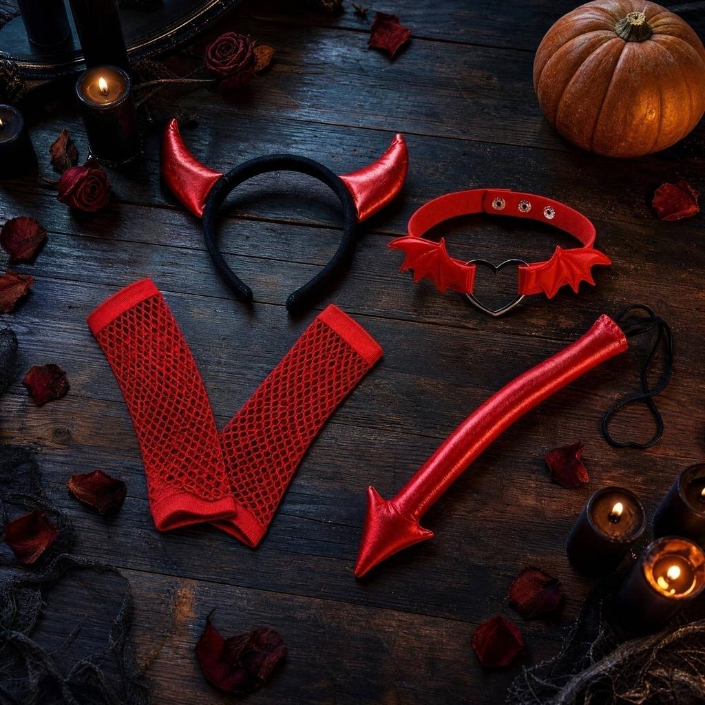 Devil Costume Accessories Set for Halloween - Headband Choker Gloves Tail