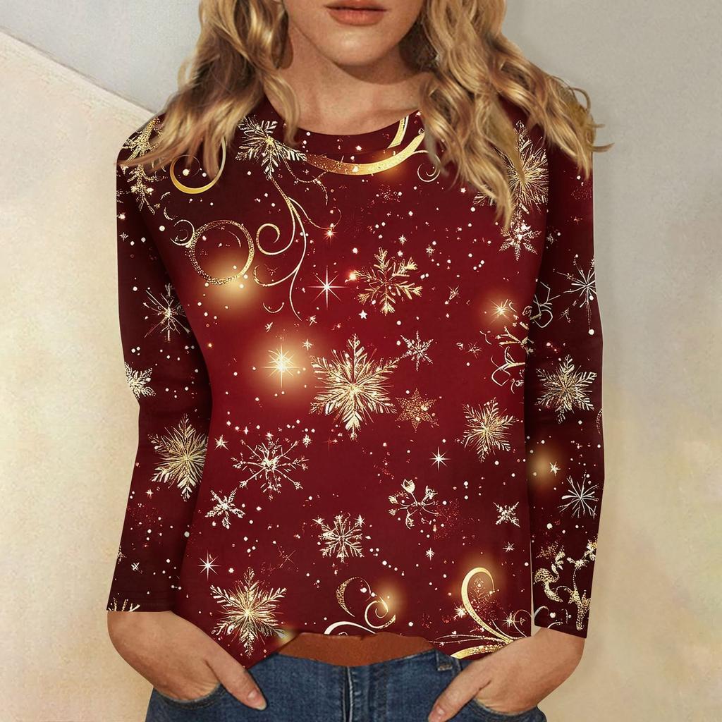 Женская мода повседневный рождественский принт круглый вырез длинный рукав пуловер топ