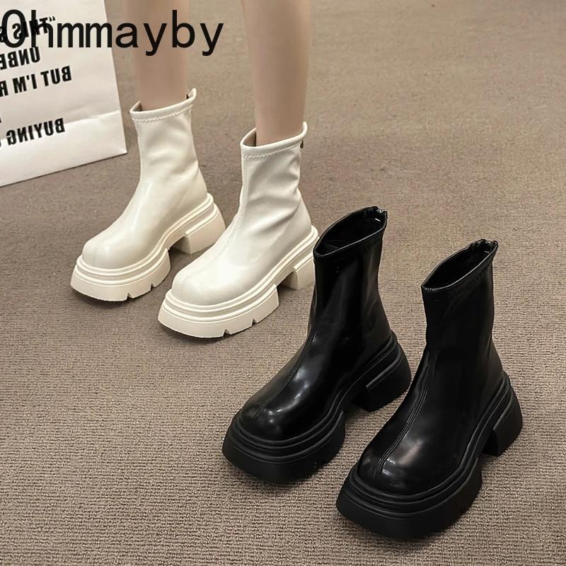 Fashion Autumn Chunky Women Slim Ankle Boots Fashion Back Zippers Platform Heel Short Booties Street Style Female Shoes