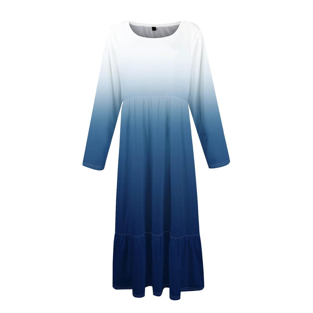 Women's Gradient Sequins Printed Casual Dress Spring Autumn Pocket Round Neck Long Sleeve Dresses