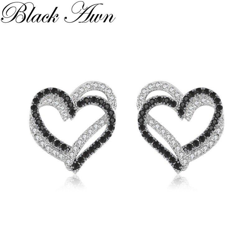 Серьги-гвоздики Black Awn с черным камнем в форме сердца ADM