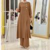 2024 Elegant Muslim Women's Two-Piece Set: Long Sleeve Shirt & Wide-Leg Pants with Side Slit