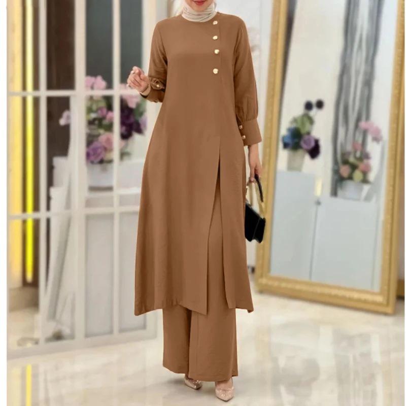 2024 Elegant Muslim Women's Two-Piece Set: Long Sleeve Shirt & Wide-Leg Pants with Side Slit