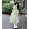 Sweet & Cute Green Spaghetti Strap Dress with Summer Sun Protection Top - Two-Piece Set for Female Students