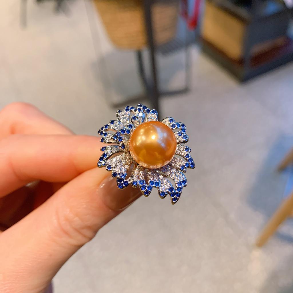 Австралийский рябчик жемчуг сапфир бриллиант, стильное кольцо, регулируемое кольцо