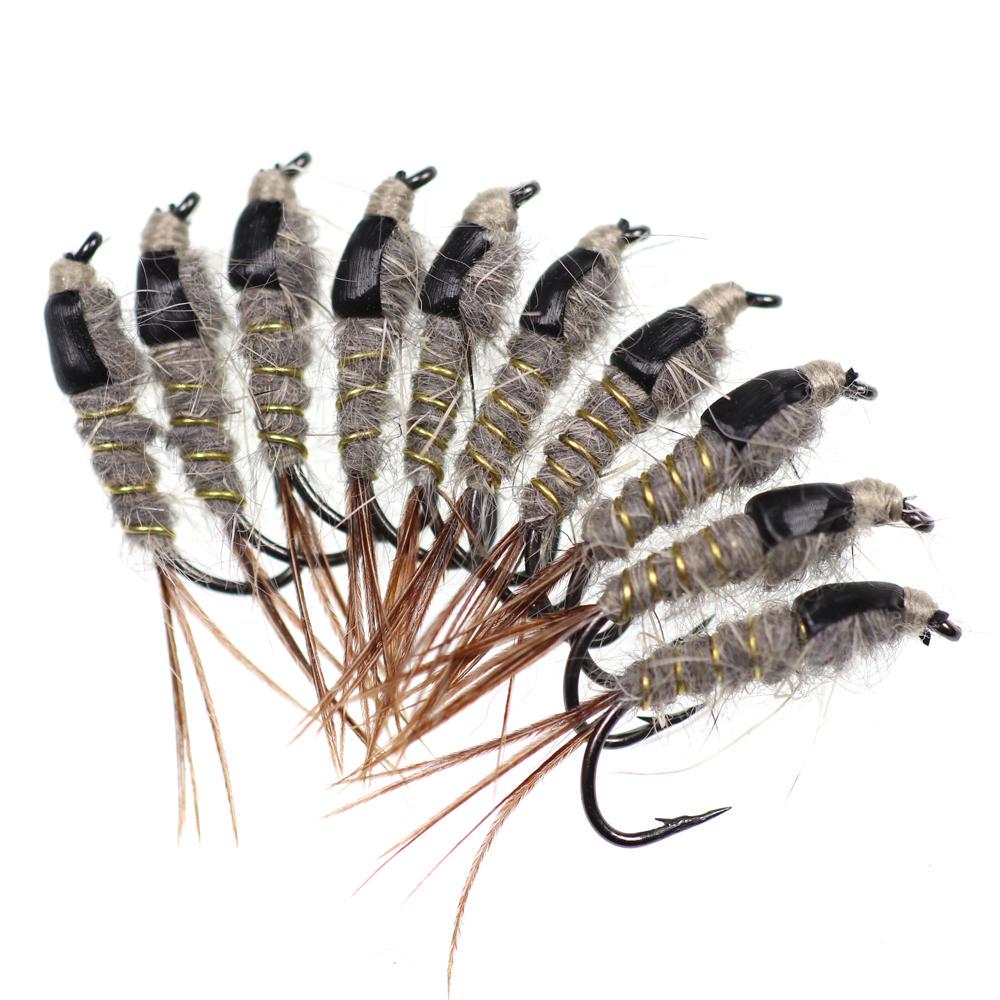 10pcs Size 12 Grey Black Hare's Ear Nymph Fly Trout Fishing Classic Fly Bait