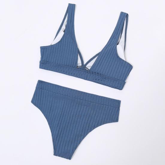 Бикини из двух частей с V-образным вырезом, сплошной цвет, женский ребристый глубокий комплект, бюстгальтер, трусы, купальник для лета