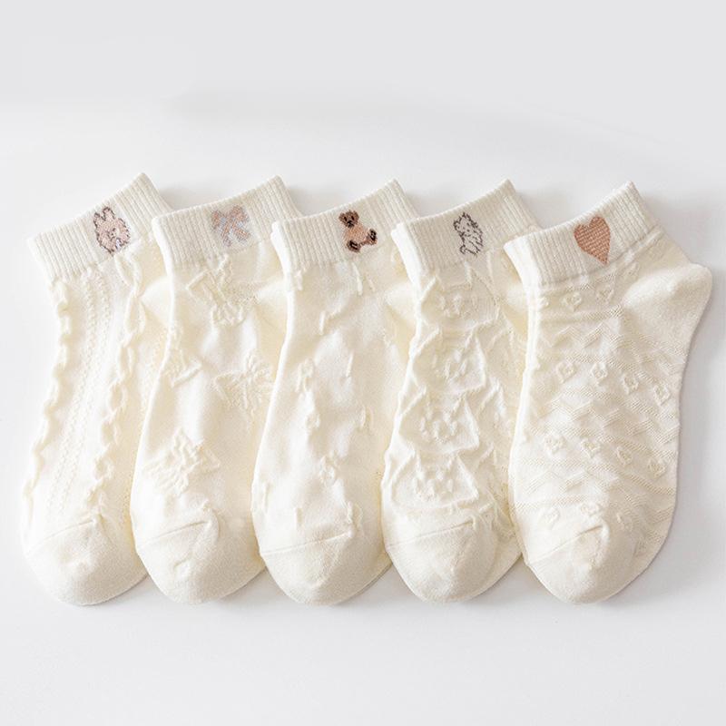 5 Pairs Bear Women Socks Female Hollow Socks Spring and Summer Korean Girls Japanese Cute Ins Tide White Girls Socks