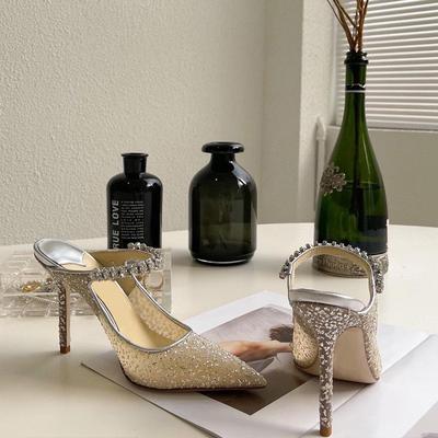 Модная знаменитость Туфли-мюли с бриллиантовой цепочкой 2025 Лето Новинка Остроносые Сетчатые С пайетками Тонкий каблук Босоножки на высоком каблуке с одной линией