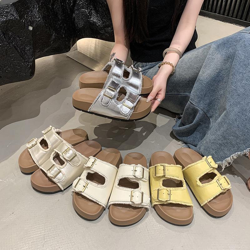 Belt Buckle Round Head Leaking Toe Half Slippers Women's 2025 Summer New Outer Sandals Retro Casual Beach Women's Shoes