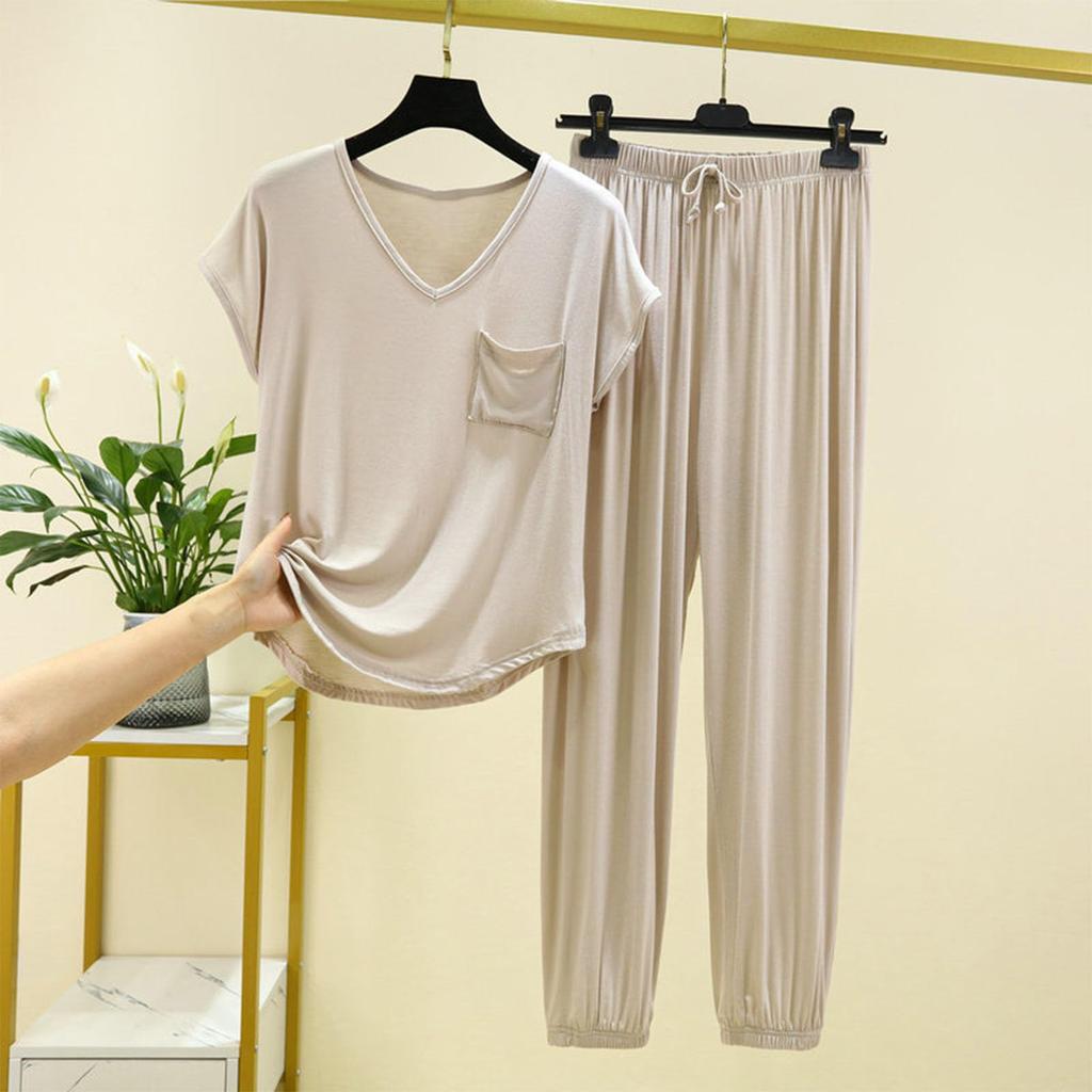 Женская мода однотонная домашняя пижама с V-образным вырезом и карманами, с короткими рукавами, универсальный костюм из двух частей