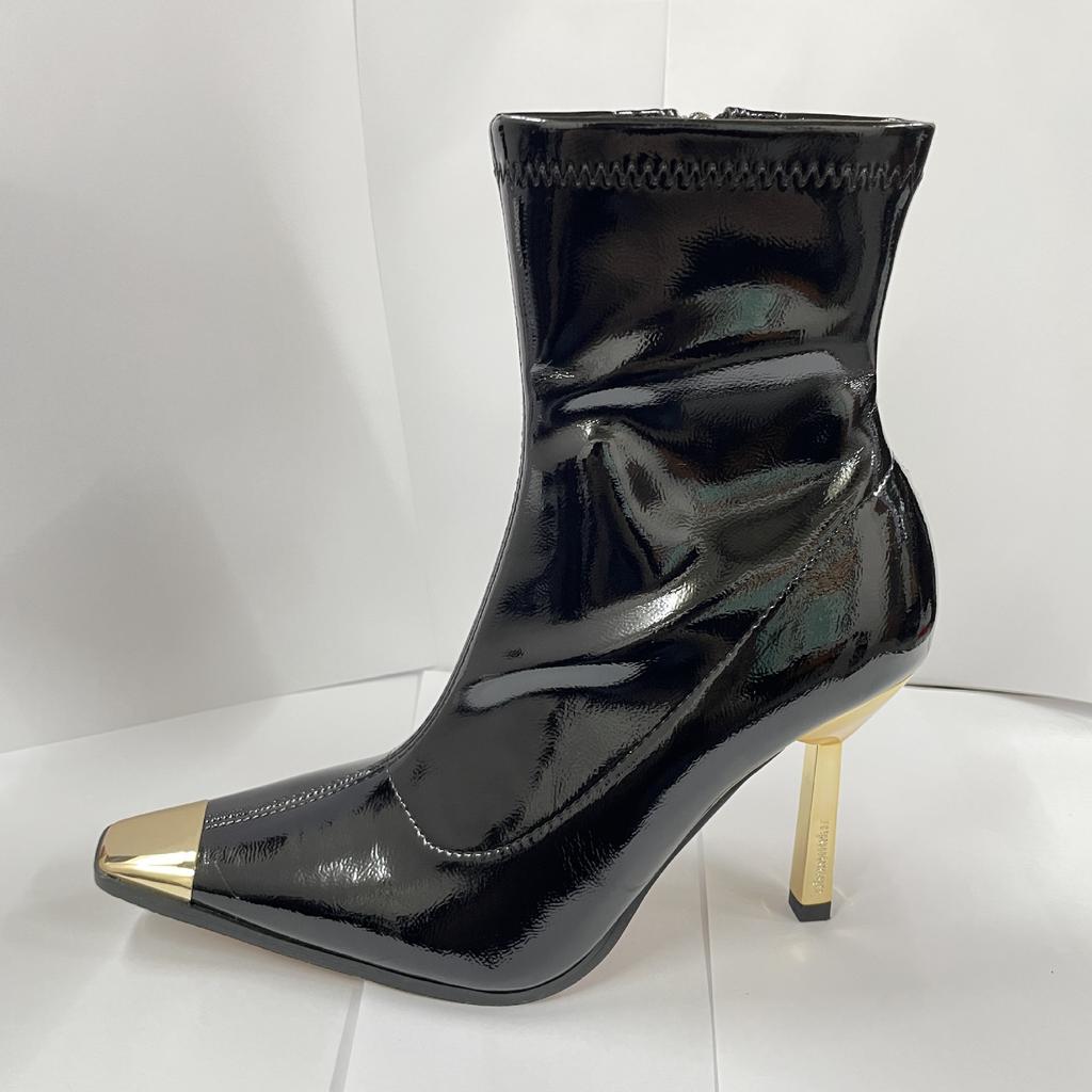 YX новые тонкие сапоги квадратный носок тонкий каблук боковая молния лакированная кожа но до колена женские железный носок высокий каблук короткие сапоги высокие сапоги