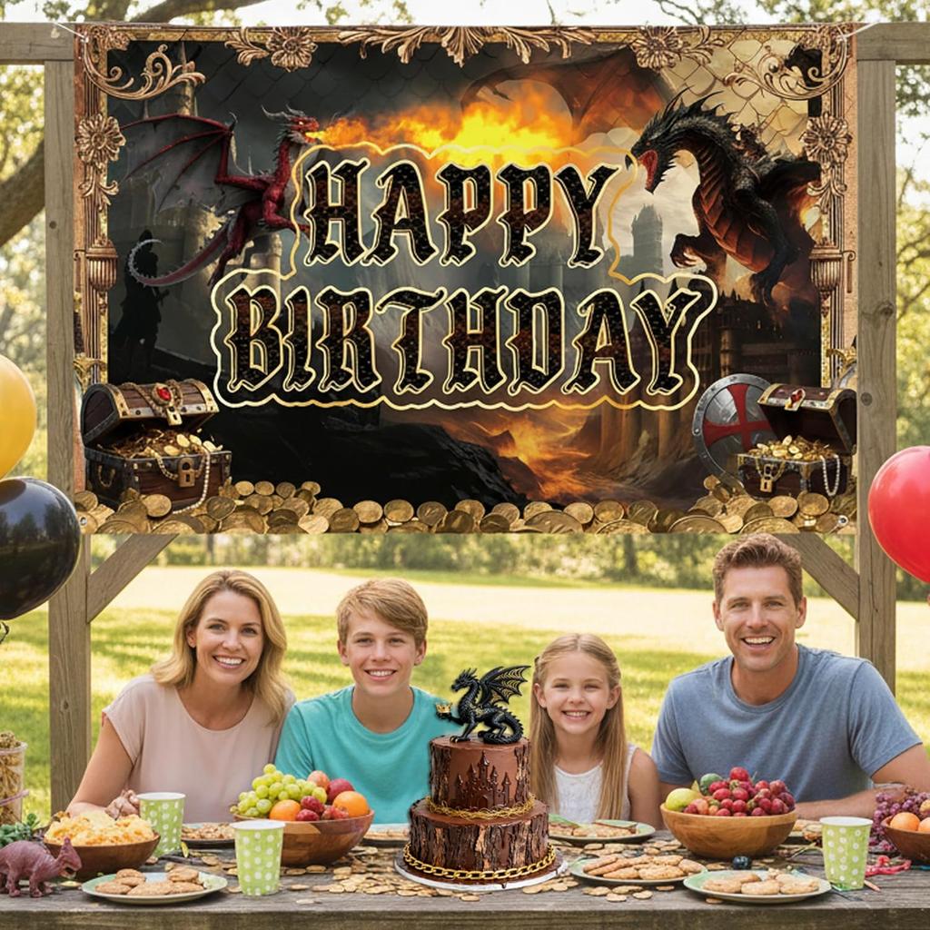 Dragon Birthday Party Decorations Banner - Happy Birthday Medieval Dragon Theme Decoration Backdrop, Dragons Castle Flame Party Supplies Photo